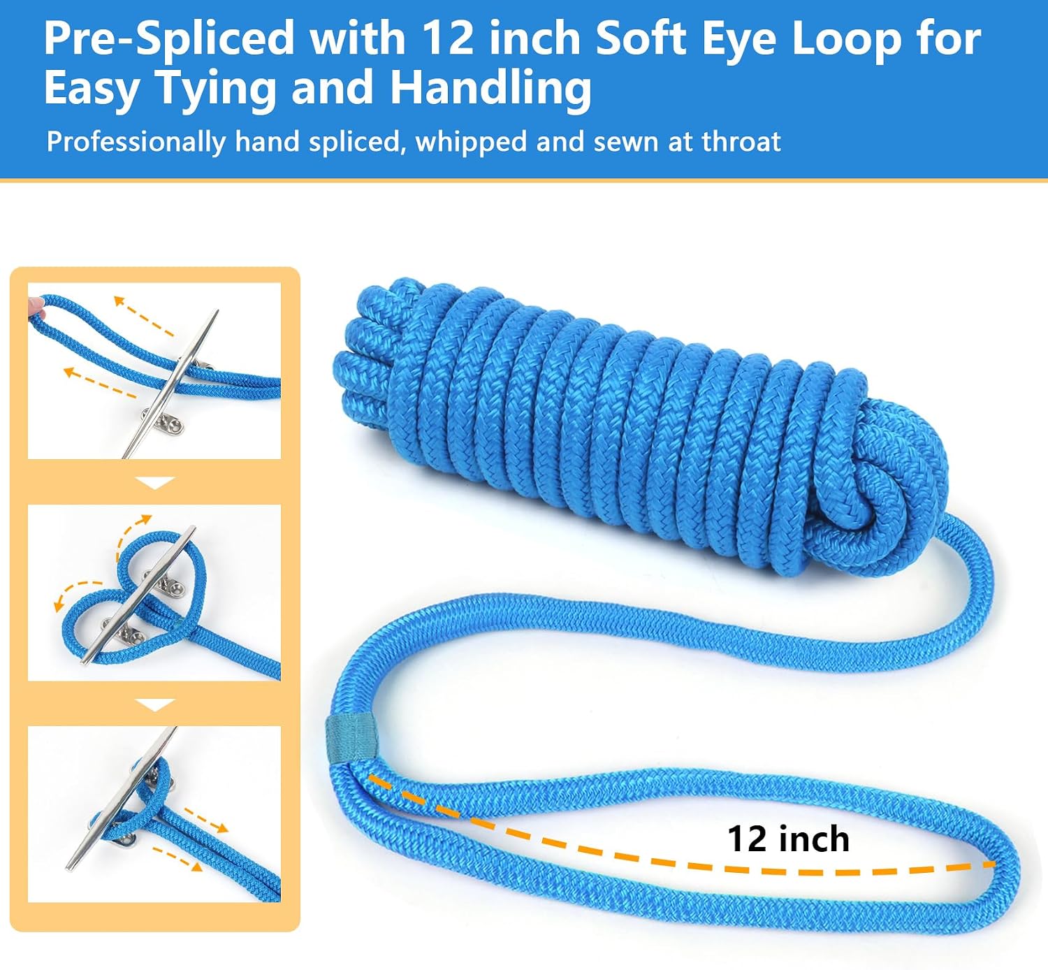 3/8" x 15' Dock Lines 4 Pack, Boat Dock Lines Double Braided with Pre-Spliced 12" Loop, Boat Rope Marine Rope High Strength Mooring for Docking Tie Down (Lake Blue)