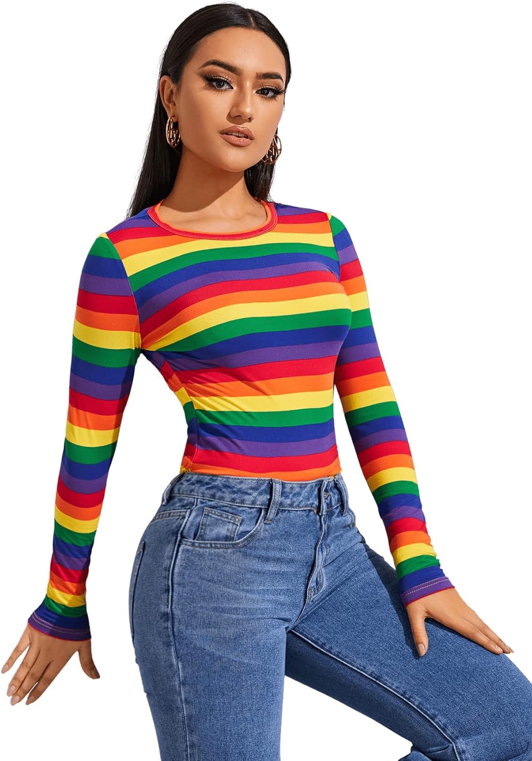 SweatyRocks Women's Casual Long Sleeve Rainbow Striped Slim Fit Tee Shirt Top - Image 4