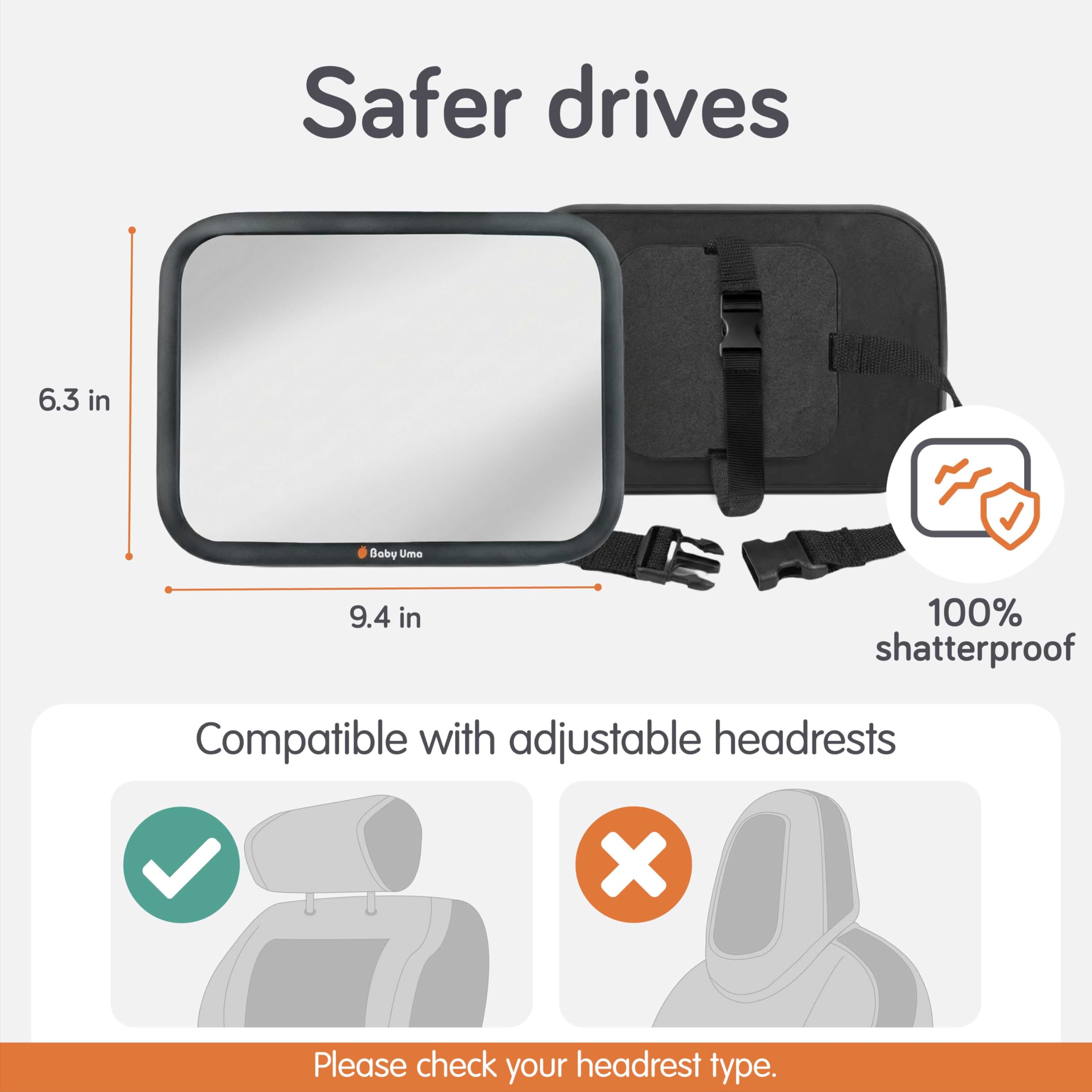 Baby Uma Baby Car Mirror for Back Seat, Shatterproof Rear View Mirror, Adjustable & Non-Slip, Clear Wide View, Easy Assembly - Image 3
