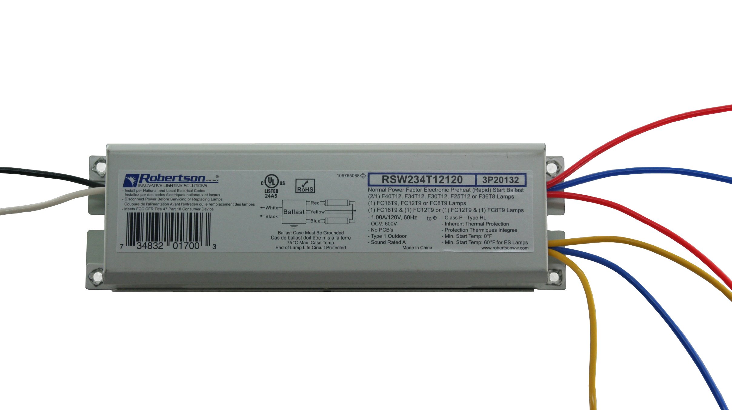 Robertson 3P20132 Fluorescent eBallast for 2 F40T12 Linear Lamps, Preheat- Rapid Start, 120Vac, 50-60Hz, Normal Ballast Factor, NPF, Model RSW234T12120 /A (Crosses to 3P20010 Model RSW240T12120 /B)