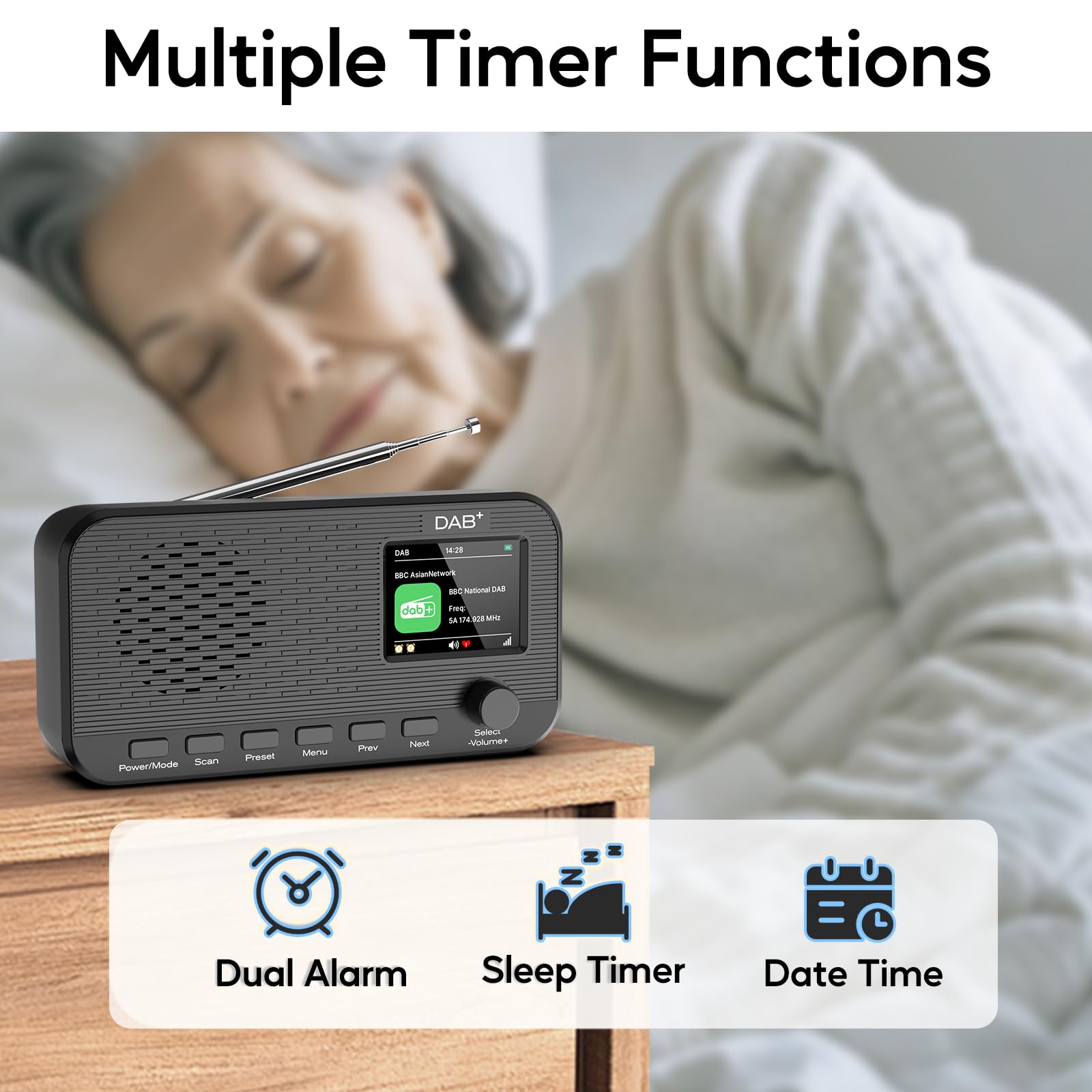 DAB Radio con Bluetooth, radio digitale FM ricaricabile, radio a batteria, radio portatile DAB+, radio da cucina con 80 preset, display a colori da 2,4 pollici, doppia sveglia, timer