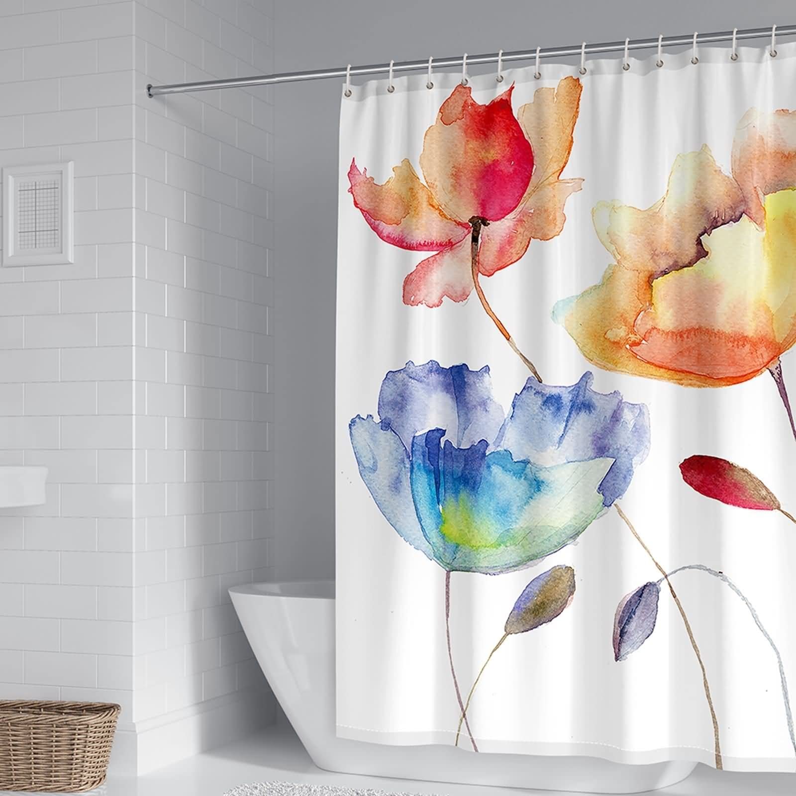 Shower Curtain Design, Duschvorhang Badewanne Wasserdicht Blumen Muster Orange Blau Polyester 180X200cm