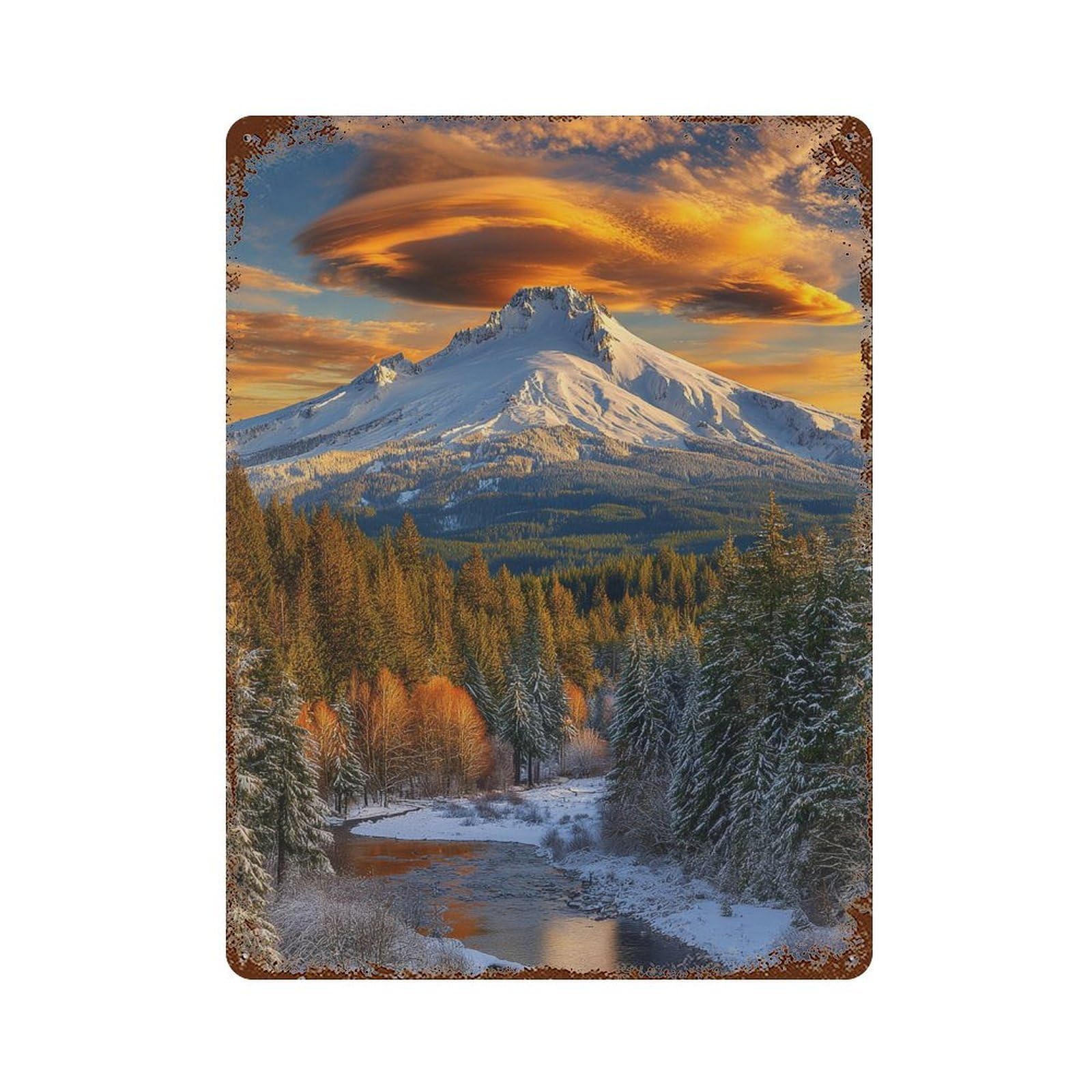 Snow-Capped Mountain Sunset Decorative Tin Sign 15.7"x11.8", Farmhouse Wall Decor for Garage, Bar And Workshop Decor