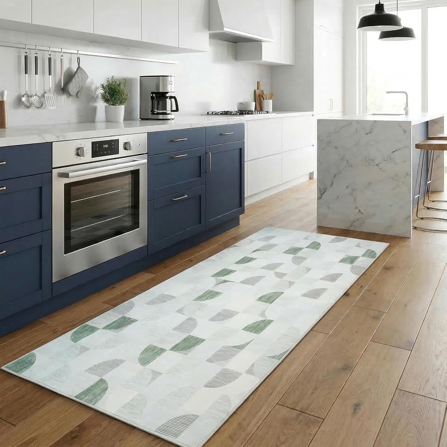 Washable Kitchen Runner Rug Checkered, 2x6 Green and White Geometric Modern Hallway Runner Rugs Non Slip, Soft Stain Resistance Carpet Runners for Entryway Bedside Bathroom Porch Laundry