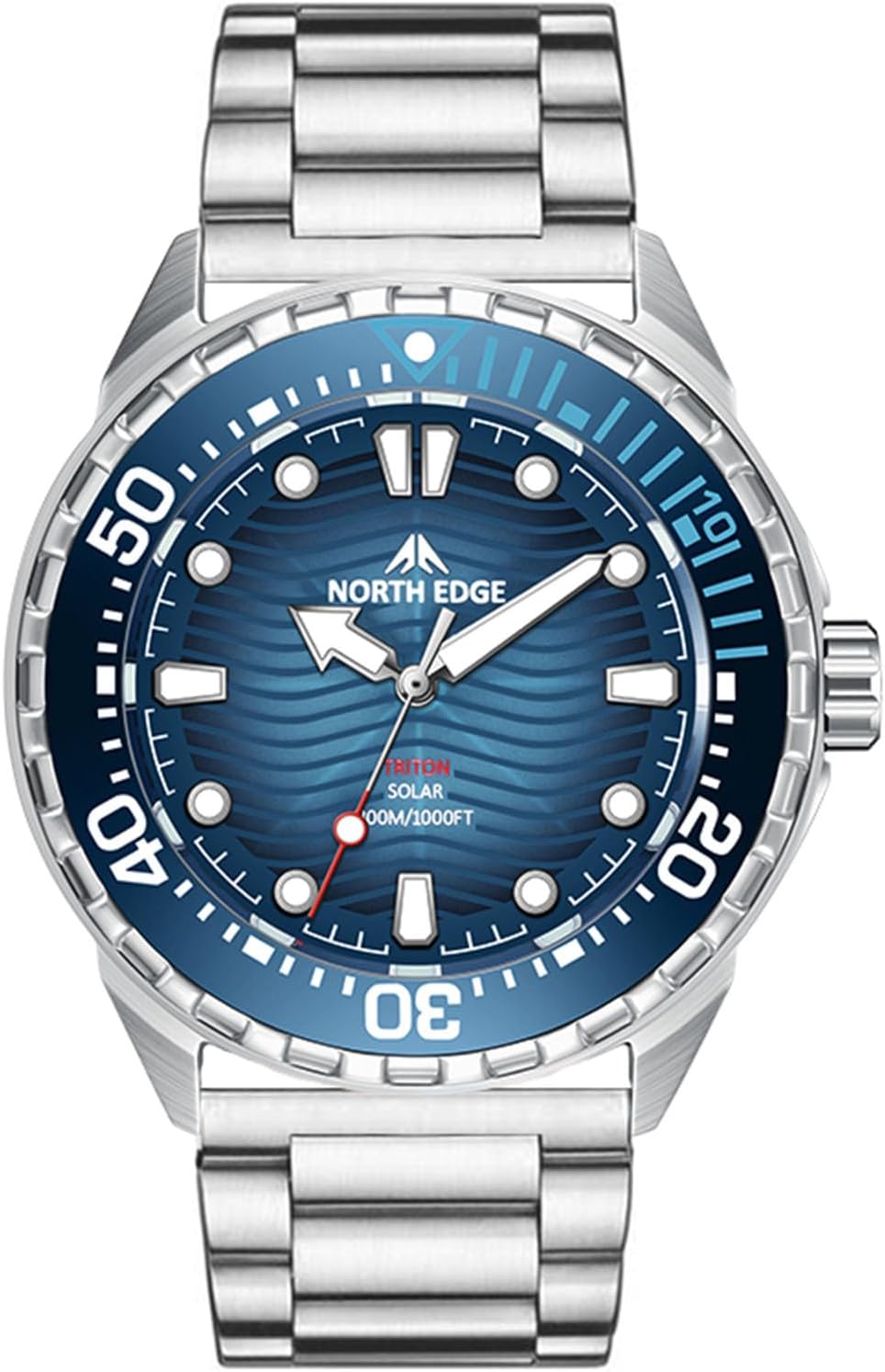 NORTH EDGE Solar Powered Dive Watch Men’s Watch, 1000FT/300M Water Resistance, Luminous Dial, Silicone Strap 45.8MM