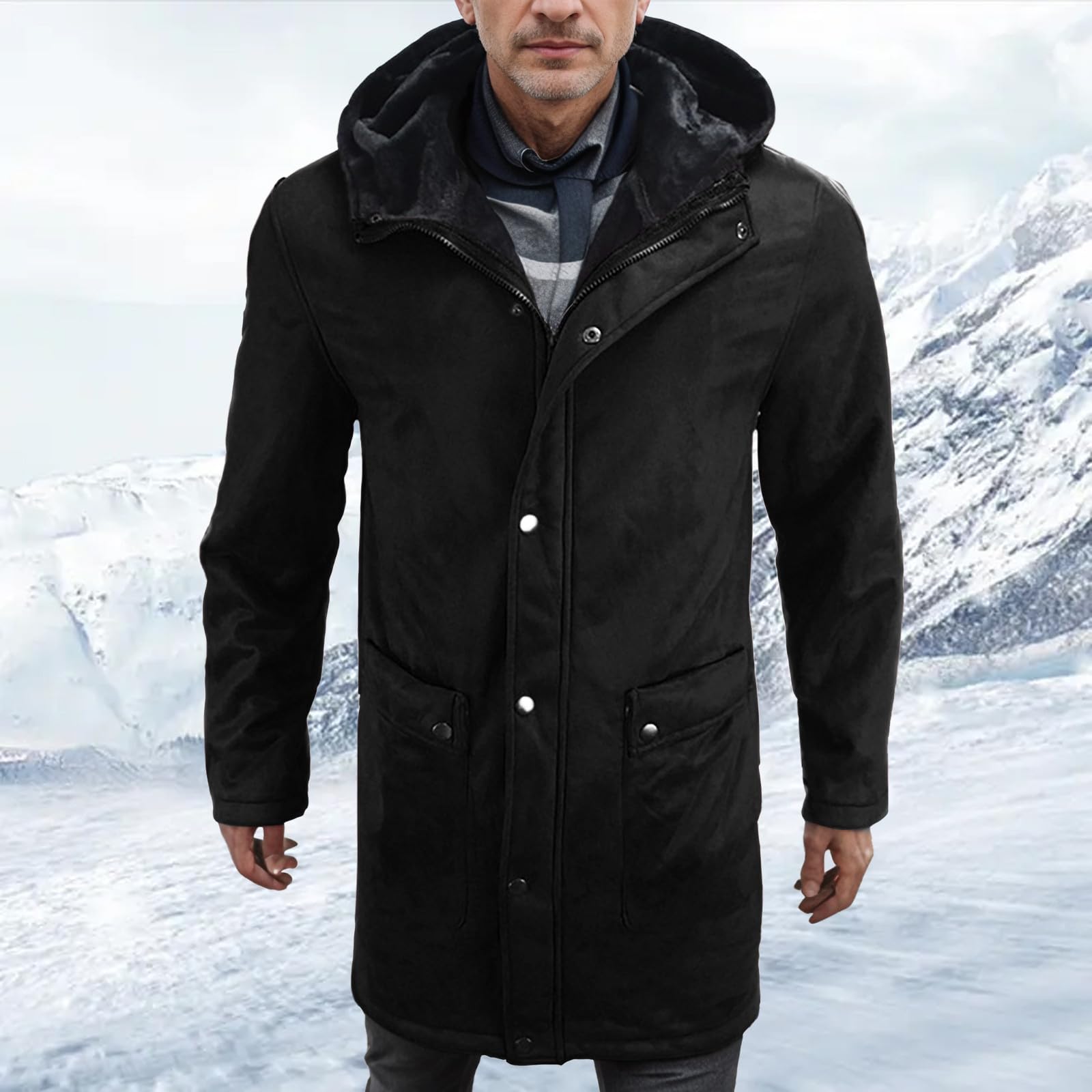 Generisch Wind Und Regenjacke Damen Lange Winterjacke für Herren mit Taschen, gepolsterte Jacke, lässiger Kapuzenmantel