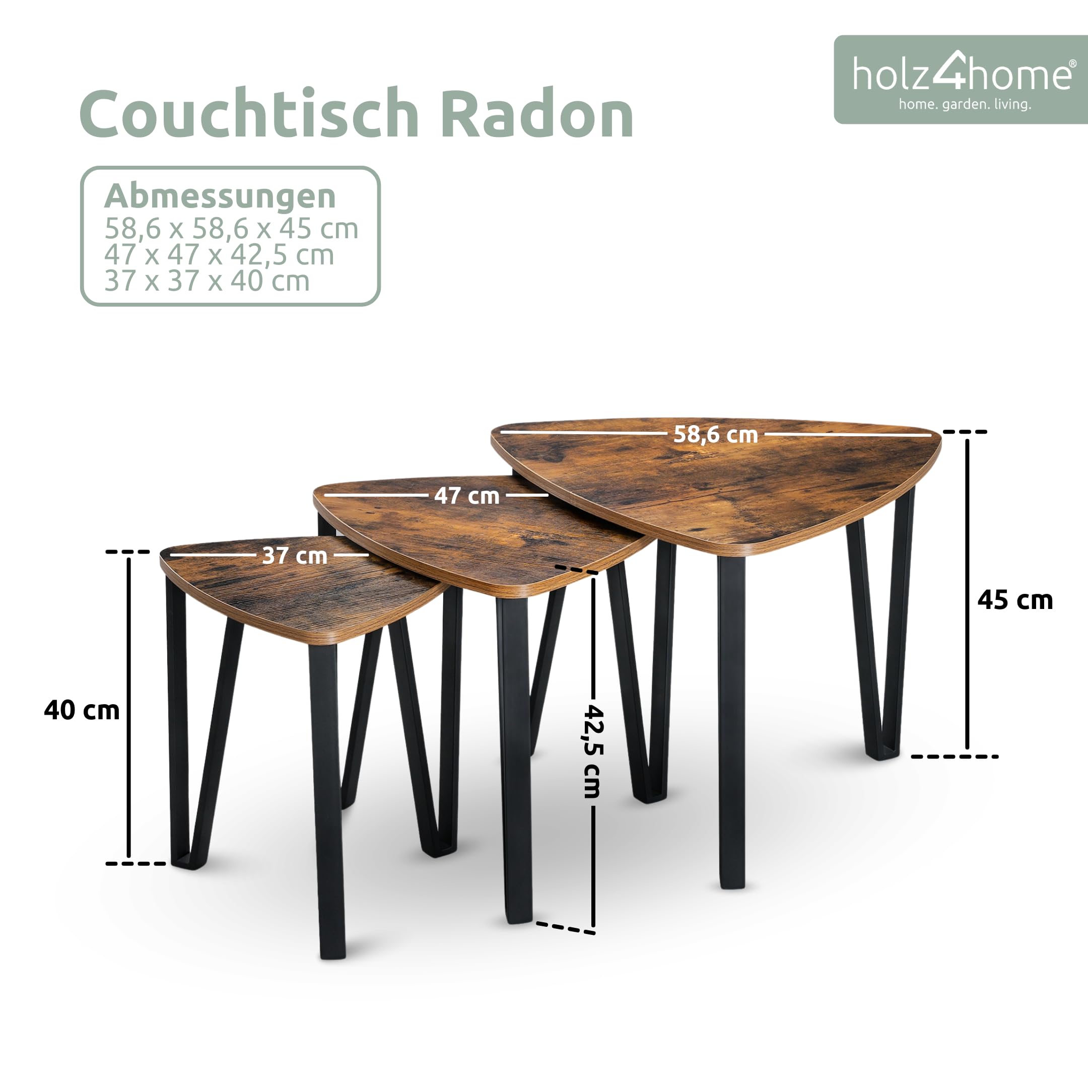 holz4home® Beistelltisch Radon im 3er Set I Industrial-Look Braun I Wohnzimmertisch I Modernes Beistelltisch Set I DREI Ablagen I Vintagetisch Teetisch Vintage Sofatisch Fernsehtisch