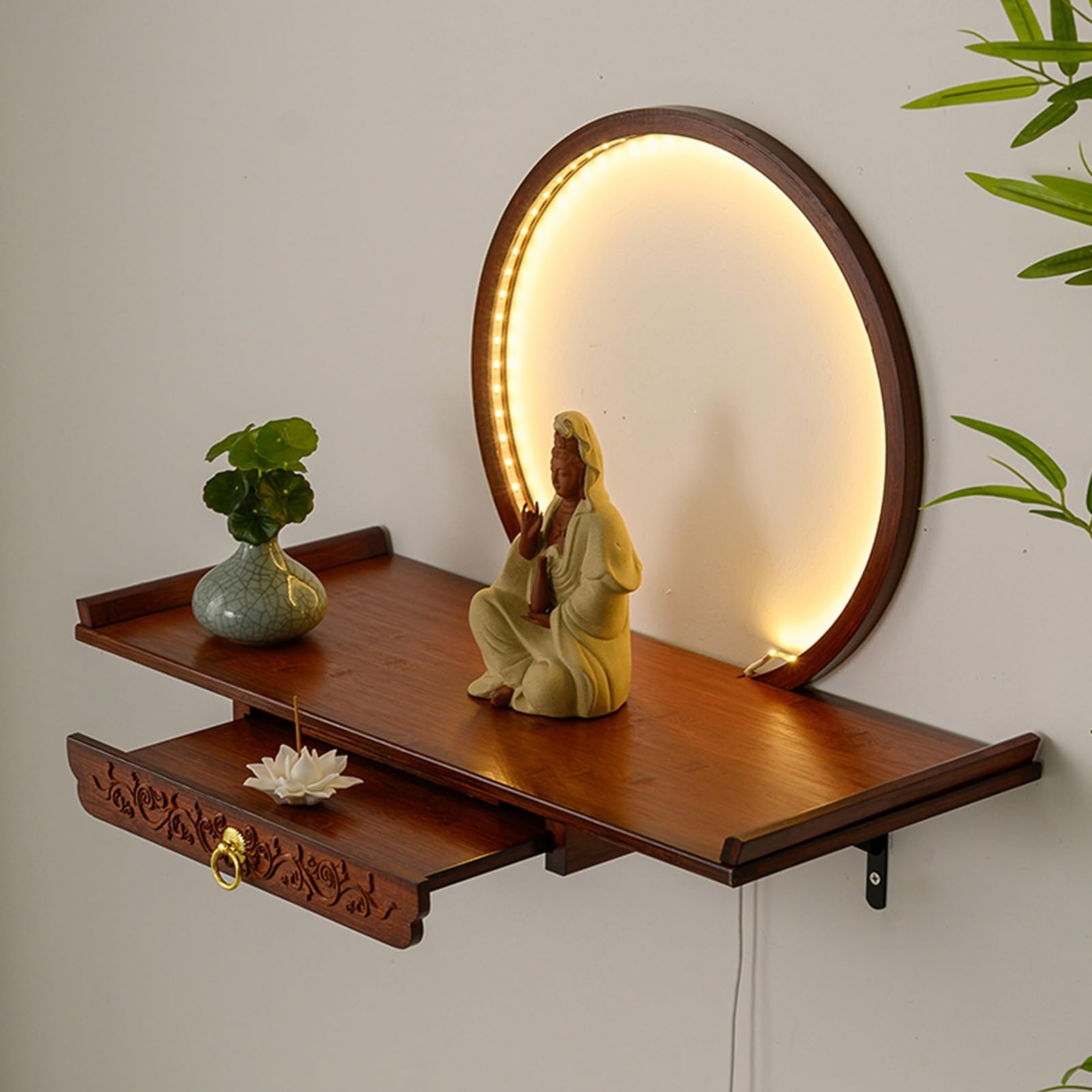 JNTFNE Bamboo Buddha Altar Shelf Stand With drawer, light altar shelf for wall Shrine Table, Buddhist Niche Incense Racks Tribute Tables(Walnut,40CM/15.7IN)