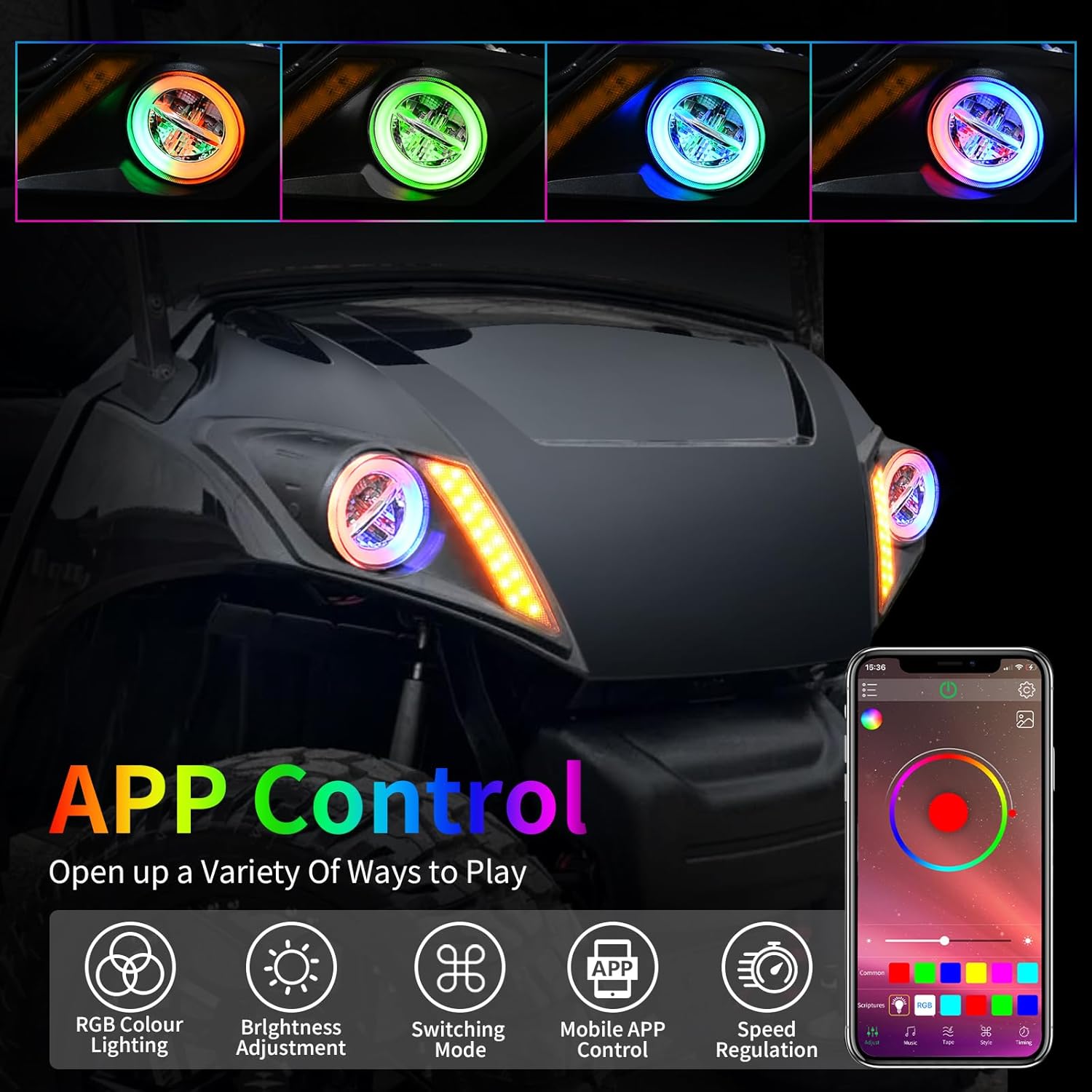 Golf Cart LED Headlights and Tail Light Kit for YAMAHA DRIVE 2, 12V Street Legal Upgrade RGB Daytime Running LED Headlights with Hi/Lo Beam