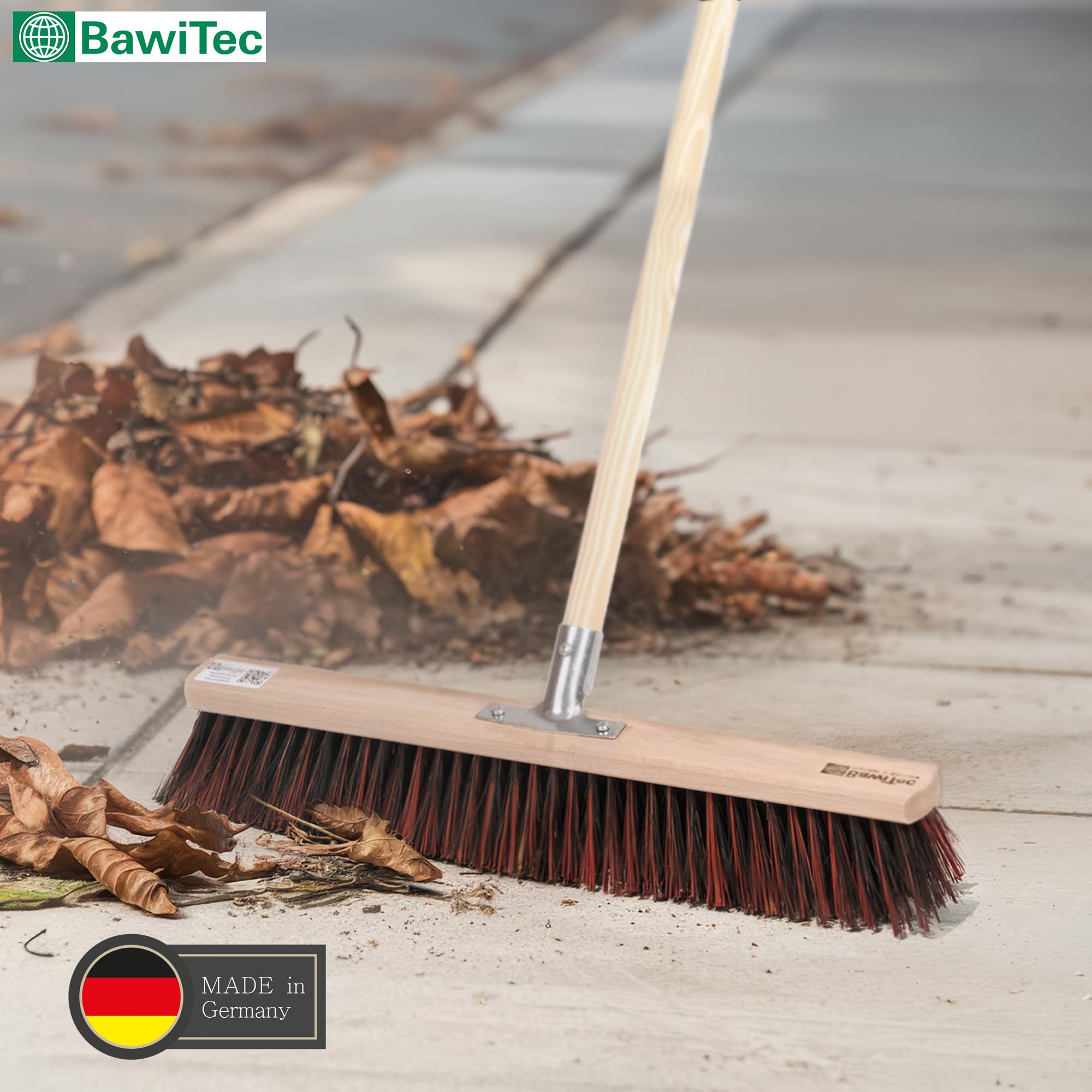 BawiTec Spezialbesen Arenga-Elaston-Borsten-Mix Breite 60cm inkl. stabilem Holzstiel Ø28mm Länge 160cm, Straßenbesen Kehrbesen Besen mit Stiel und Metall-Stielhalterung verschraubt Arengabesen
