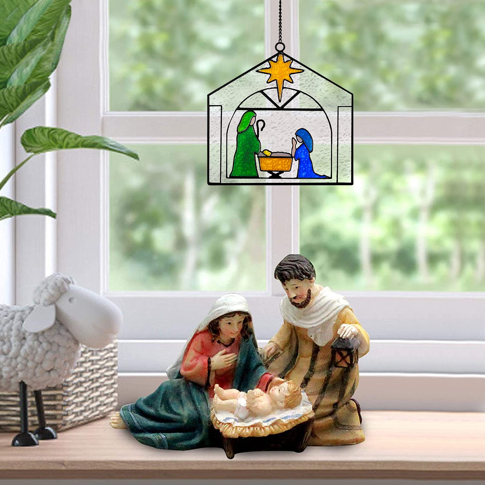 Weihnachtskrippe Buntglas-Sonnenfänger „Christus Der Retter Ist Geboren“ – Fensterdekoration Für Weihnachten