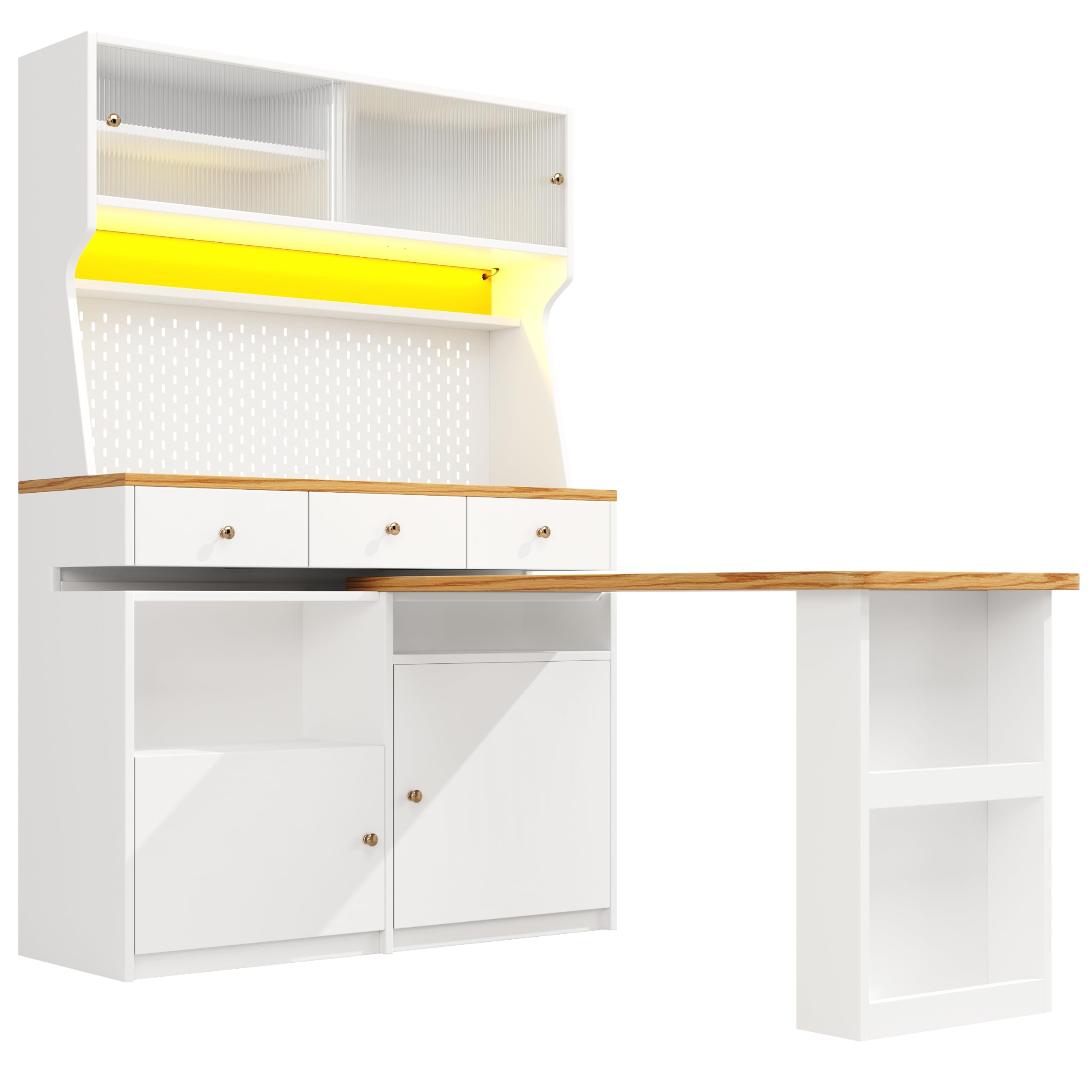 Hochschrank mit Ausziehbarer Tisch, Buffetschrank, Küchenschrank, Standvitrine mit 2 Türen & 3 Schubladen, für Wohnzimmer, Küche, Arbeitszimmer, Schlafzimmer, 137×45×178cm (Weiß)