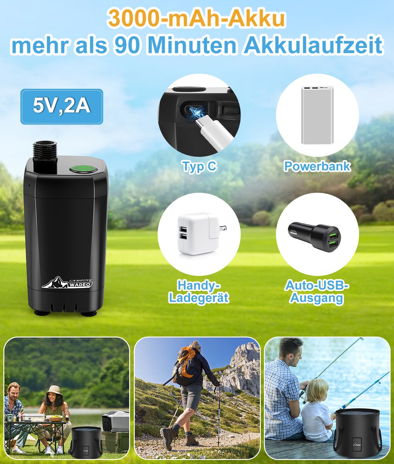 WADEO Tragbare Campingdusche Akku mit Pumpe und Wasserbehälter 20L, Outdoor-Camping-Duschset mit Akku 6000 mAh wiederaufladbar, für Camping Reisen Garten Wandern Autowaschen Tierbaden Notfälle