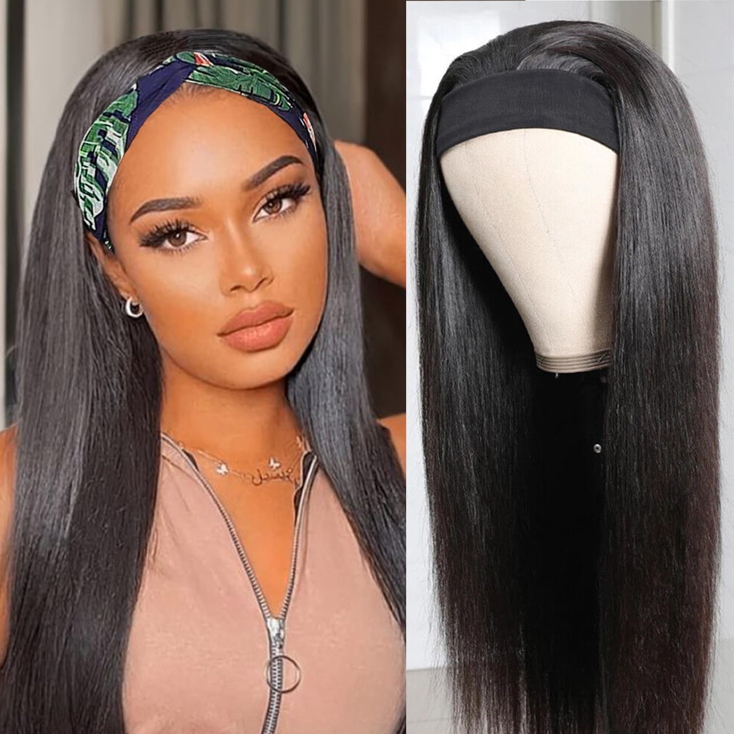 Lauberita Straight Headband Wig Human Hair for Women 20-Inch 180% Density Headband Wigs Glueless Human Hair Wig(Straight, Natural Black)