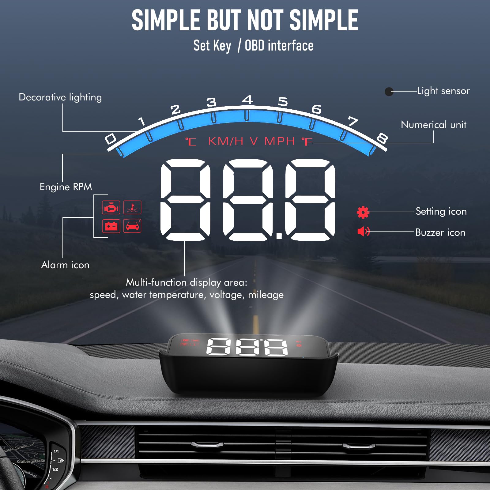KAOLALI M6S Coche Heads-up Display, OBD2 Velocímetro Coche MPH, Parabrisas Proyector, Pantalla de 3,5 Pulgadas, con La Velocidad MPH, Pantalla de Temperatura del Agua Alerta de Seguridad de Velocidad
