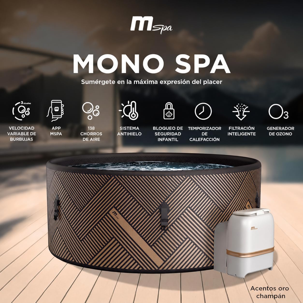 MSpa Mono-Eco SPA Hinchable semirrígido Circular 4-6 Personas con hidromasaje Air Jet, calefacción, filtración Inteligente y desinfección UVC