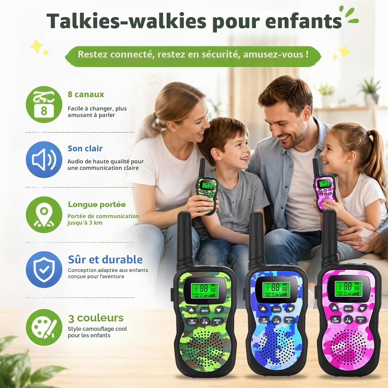 Nestling 3PCS Talkies Walkies Enfants 8 Canaux Radio à 2 Voies avec, Lampe de Poche LCD Rétro-éclairée, 3 KM pour Aventures Extérieures Camping Randonnée, Jouet Garcon 3-12 Ans Cadeau De Noël