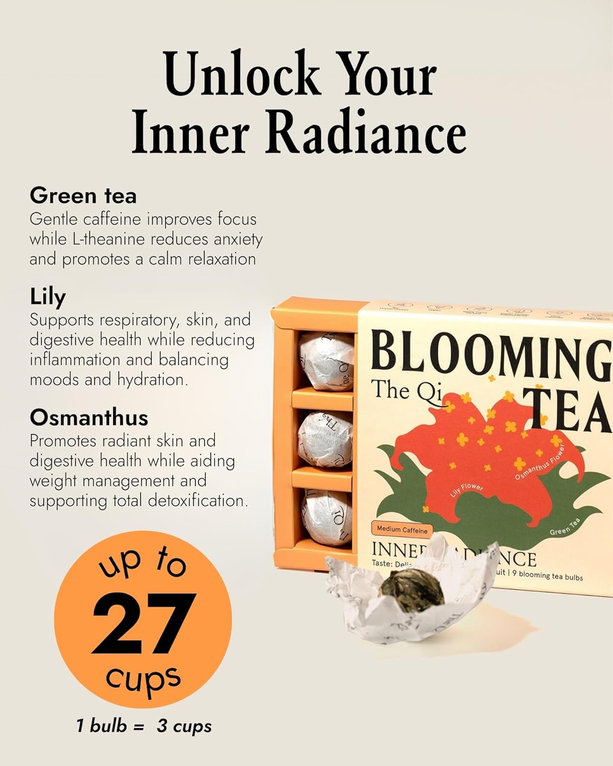 The-Qi Inner Radiance Osmanthus & Lily Blooming Flower w/Green Tea – 9 Pcs Handpicked All Natural Blooming Flower Tea – The Qi Gift Set for Relaxation & Wellness – Makes 27 Cups