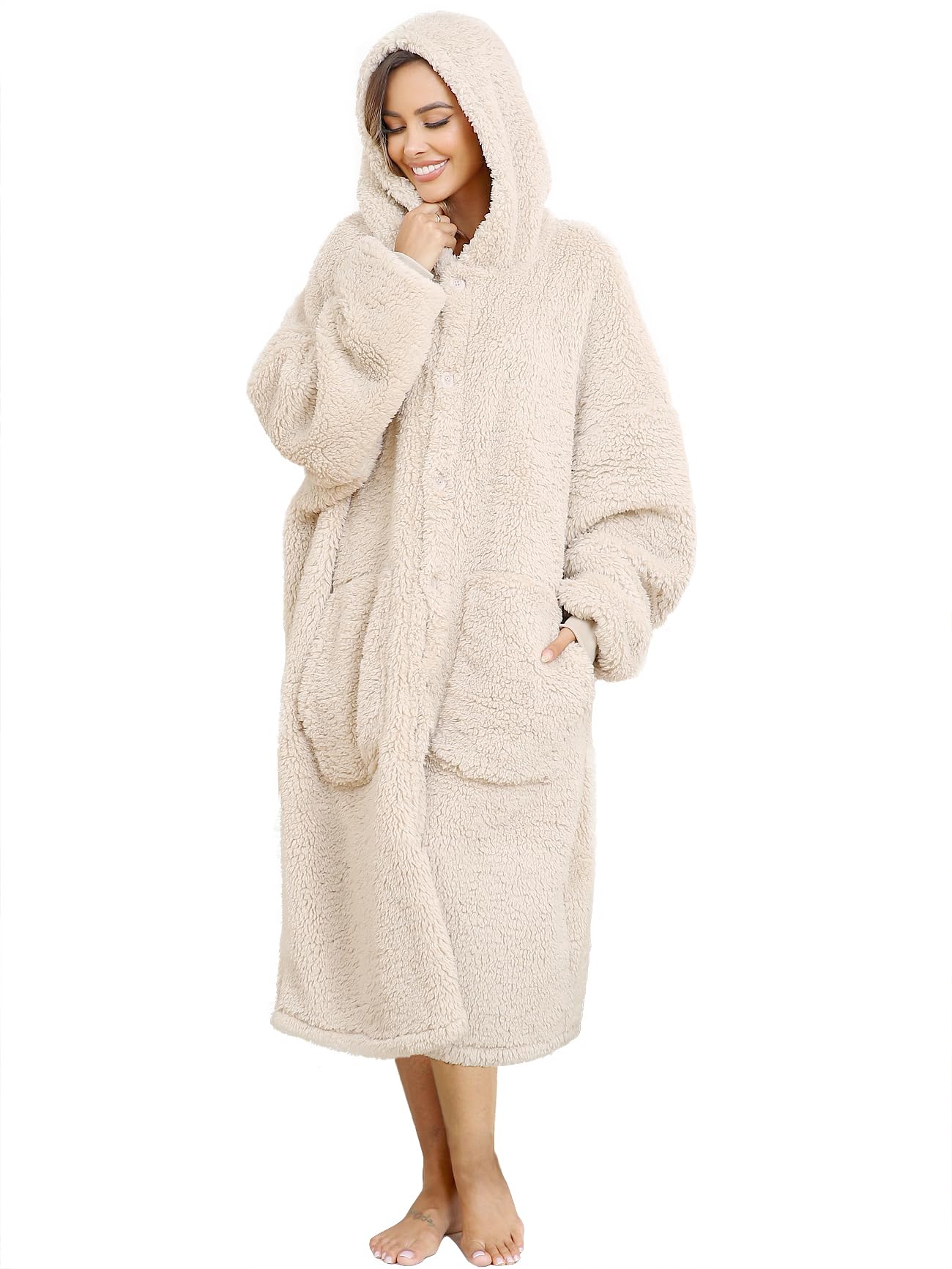 Manta con capucha de felpa para mujeres y hombres, súper cálida y acogedora, manta grande portátil, ropa para casa, abrigos de felpa gruesos y sueltos, beige, Talla única