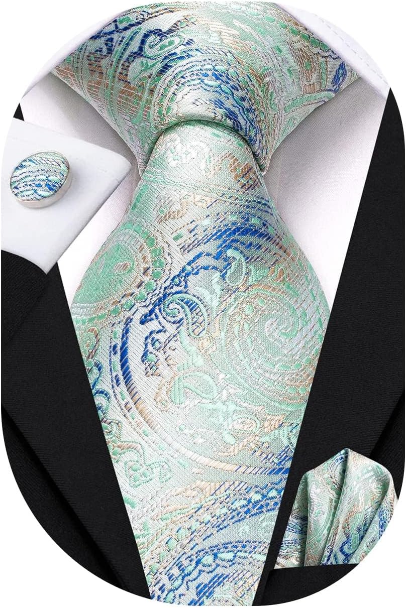 Hi-Tie Paisley Floral Ties Set for Men Silk Mens Stripes Necktie Pocket Square Cufflinks Set Formal Business