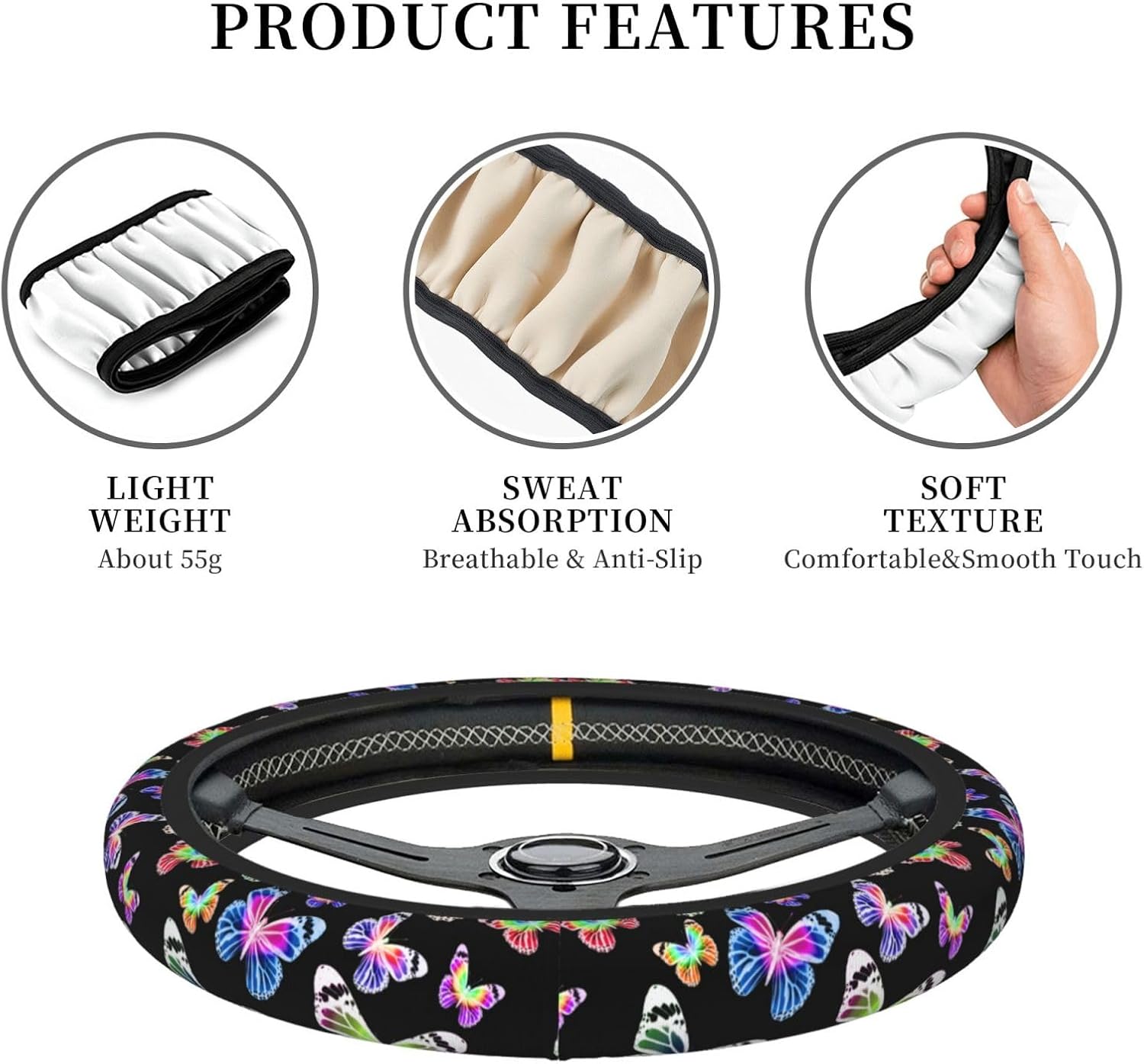 Butterfly Pretty Bright Steering Wheel Cover For Women Men Girls Car Accessories Decor Anti-Slip Neoprene Auto Steering Wheel Covers Protector Universal 15 Inch
