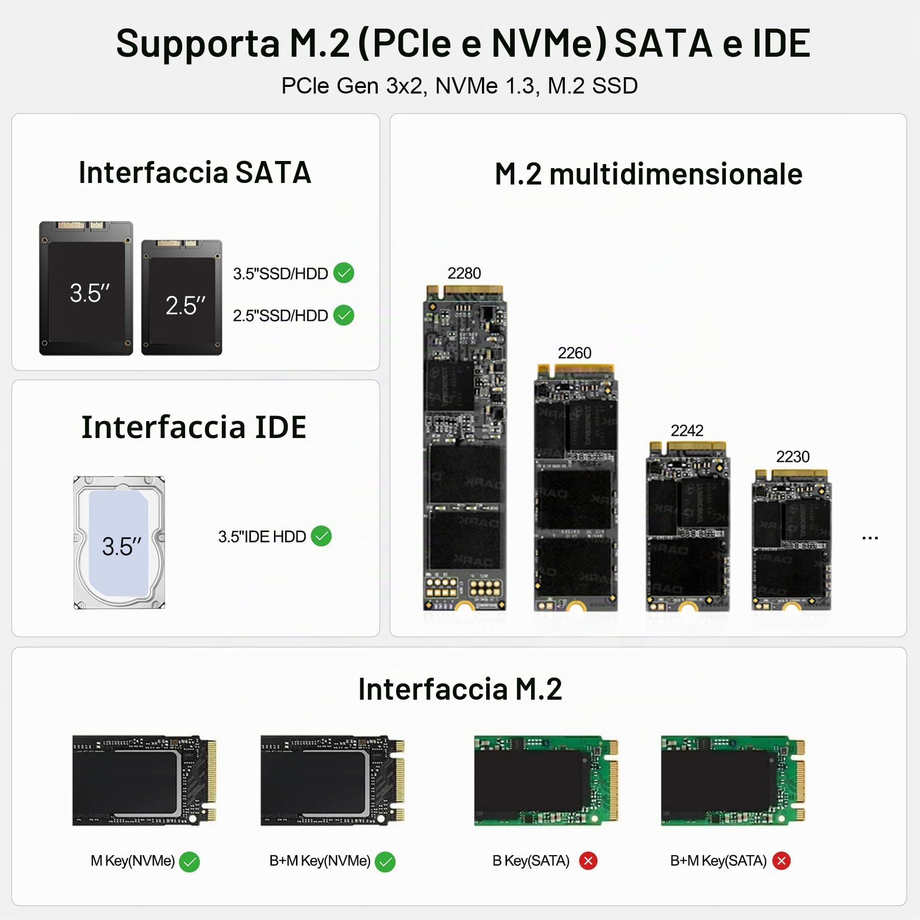 Alxum SSD Enclosure IDE M2 NVME e adattatore per HDD e SSD, adattatore da 10Gbps USB TypeC a M.2 e SATA3 e IDE per PCIe/Nvme e HDD/SSD