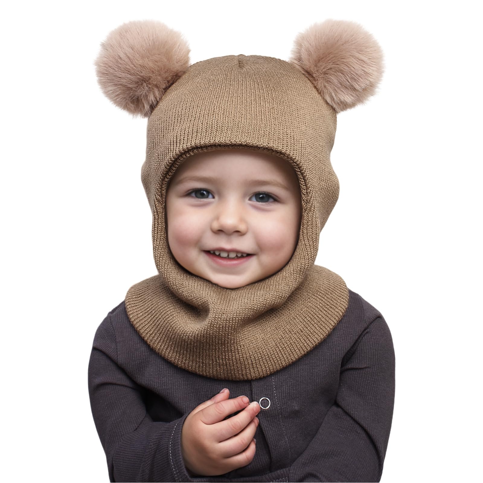 Dreshow Girls 1 Pc: 08-Khaki Kids Winter Warm Hat Scarf Baby Earflap Beanies Hood Pom Pom Toddler Hat Windproof Balaclava Kids 1-6 Years