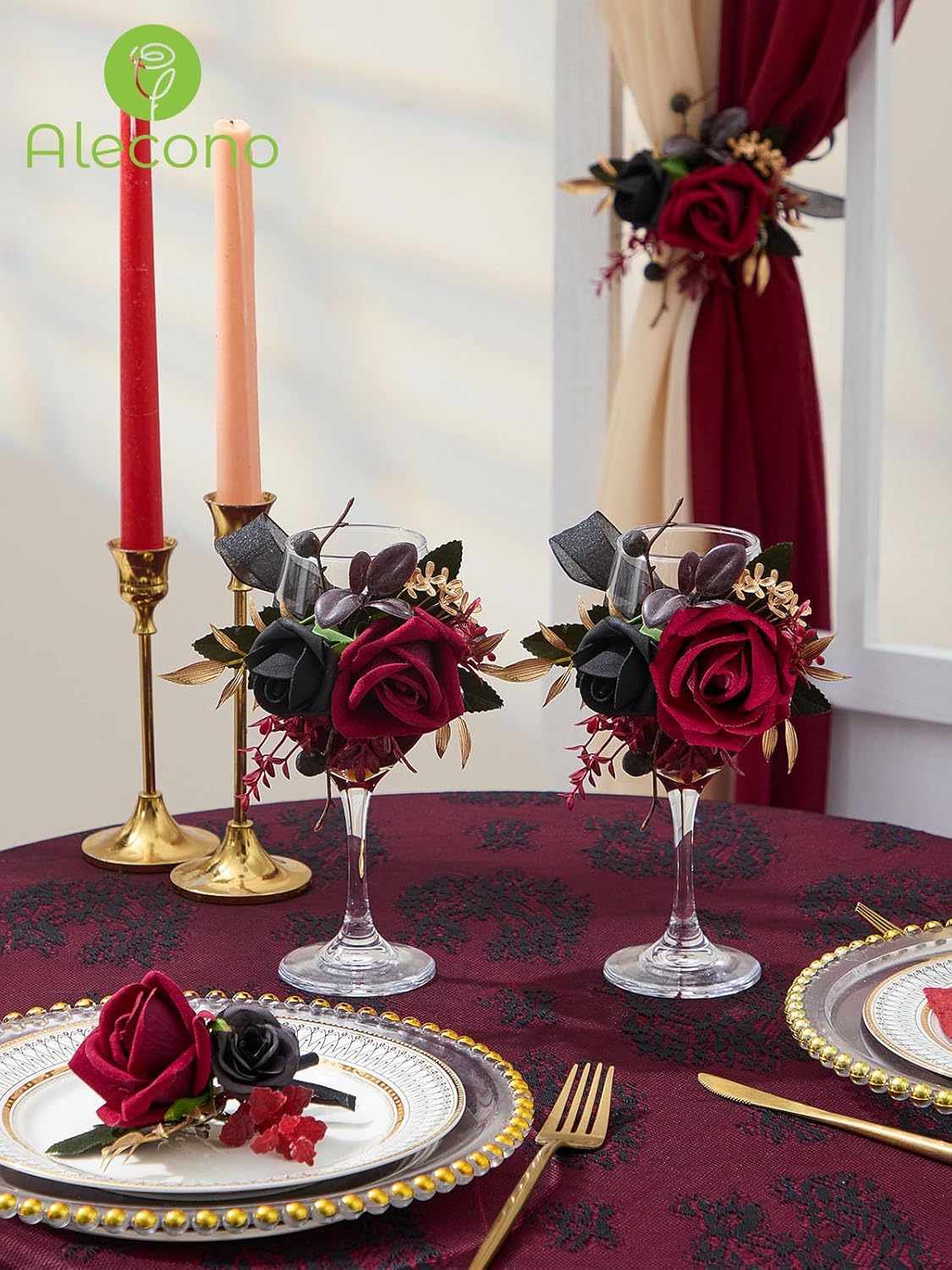 Alecono Burgundy Corsage and Boutonniere Set, Red and Black Rose Corsage Wristlet and Boutonniere for Wedding Prom Flower Accessories Suit Decorations