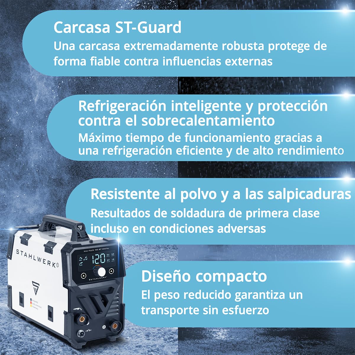 STAHLWERK Soldadora de electrodos 200 Synergic Pro Digital – Máquina de soldar MMA/Electrodo 200 A, soldadura sin gas protector, Lift-TIG, refrigeración inteligente & protección sobrecalentamiento