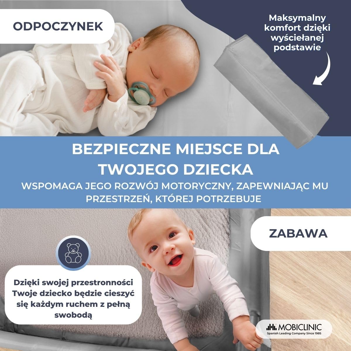 Mobiclinic®, Łóżeczko turystyczne, 2 w 1, Ultrakompaktowe składanie, Wyjmowany materac, Mofli, Do 15 kg, Oddychająca tkanina, Kojec dla dziecka, Kółka (szary)