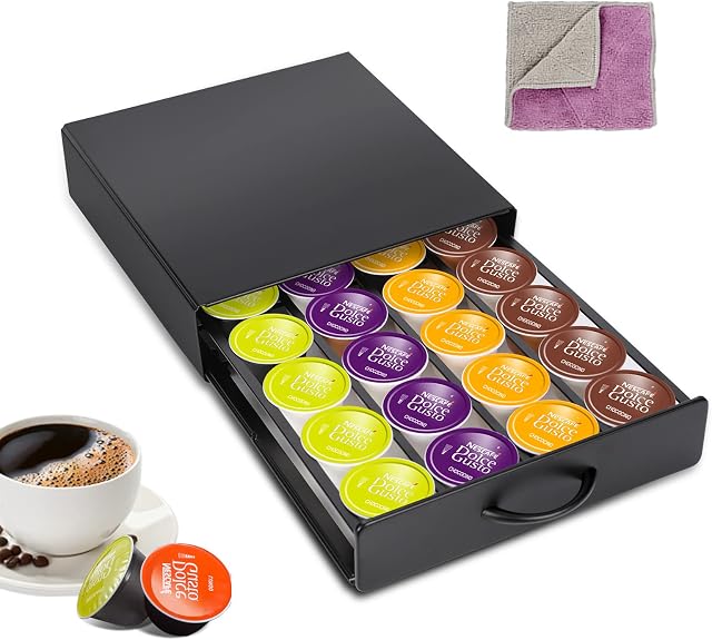 Midyb Coffee Pod Holder, Coffee Capsule Storage Drawer Compatible for 20 Dolce Gusto Pods, Metal Coffee Capsule Holders Organiser Box with Non Slip Feet (Black)