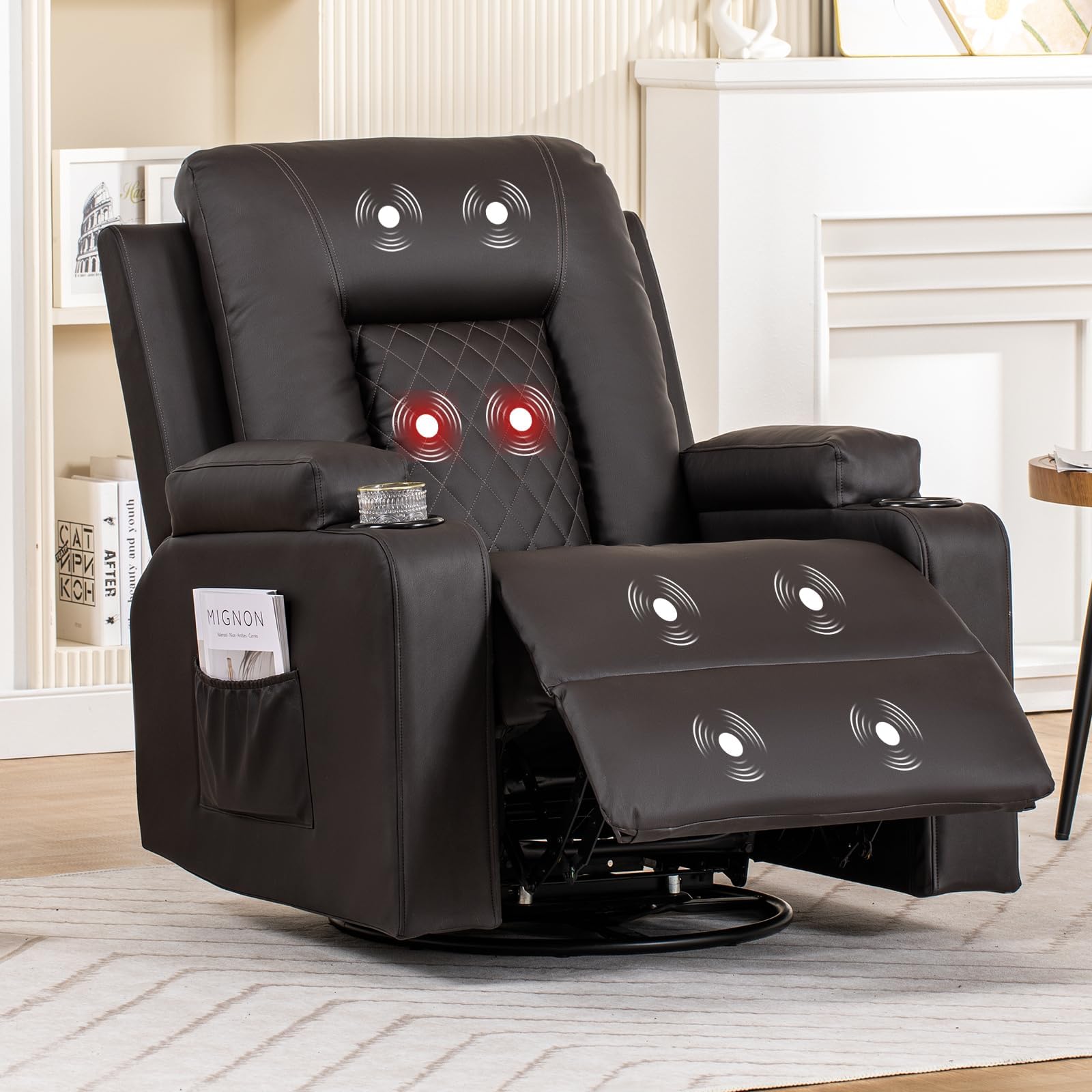 COMHOMA Recliner Chair, Rocker Recliners for Adults, Swivel Reclining Chair with Massage and Heat, Manual Rocking Chair with Cup Holders and Side Pockets for Living Room,Brown