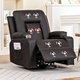 COMHOMA Recliner Chair, Rocker Recliners for Adults, Swivel Reclining Chair with Massage and Heat, Manual Rocking Chair with Cup Holders and Side Pockets for Living Room，Brown