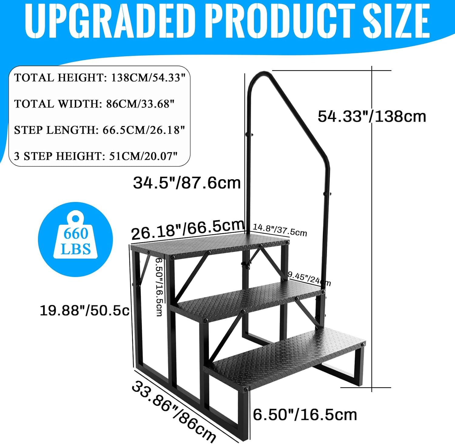 3 Step RV Stairs with Handrail, 660LBS Heavy Duty Anti-Slip Metal Steps, Detachable Outdoor Stairs for Hot Tub/5th Wheel/Pool/Mobile Home