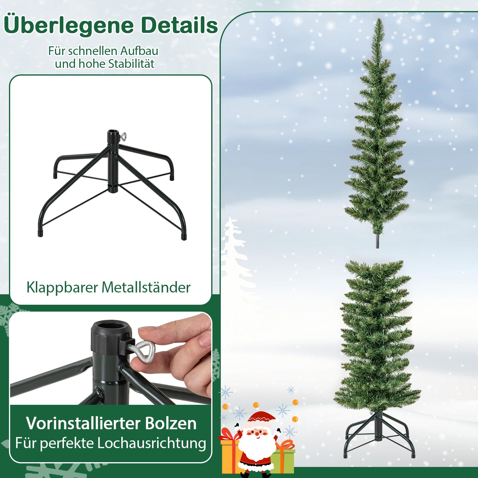 COSTWAY 150 cm Künstlicher Weihnachtsbaum mit Beleuchtung, Bleistift Tannenbaum mit 150 warmweißen LED-Lichtern, Christbaum schmal, Kunstbaum Weihnachten für Zuhause, Grün