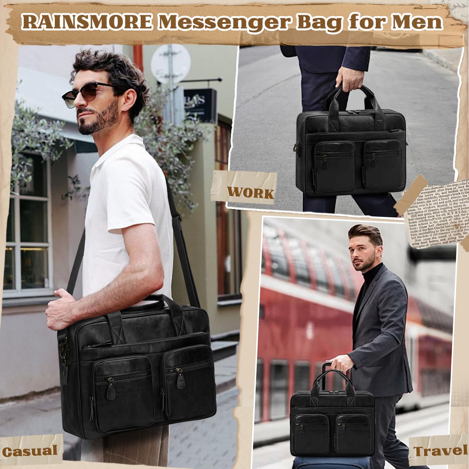 RAINSMORE Sacoche Homme Bandouliere 15.6 Pouces Cuir PU Imperméable Cartable Homme Sac Bandoulière Ordinateur pour Travail Affaires Collège