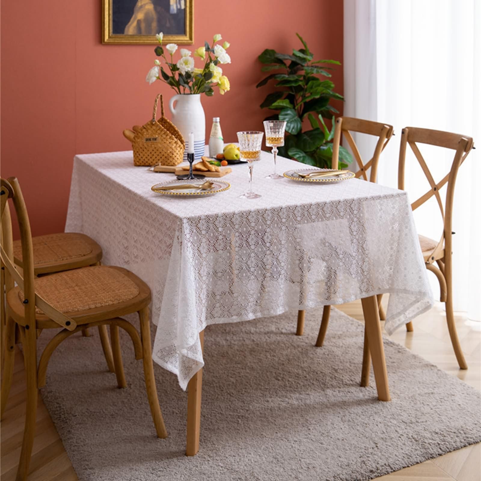 Tovaglia Decorativa Tavolo Rettangolare, Tovaglie 150 x 260 cm Fiore di pizzo cavo in Cotone Copritavolo per Tavolo da Pranzo, Cucina, Festa CompleannoBianco