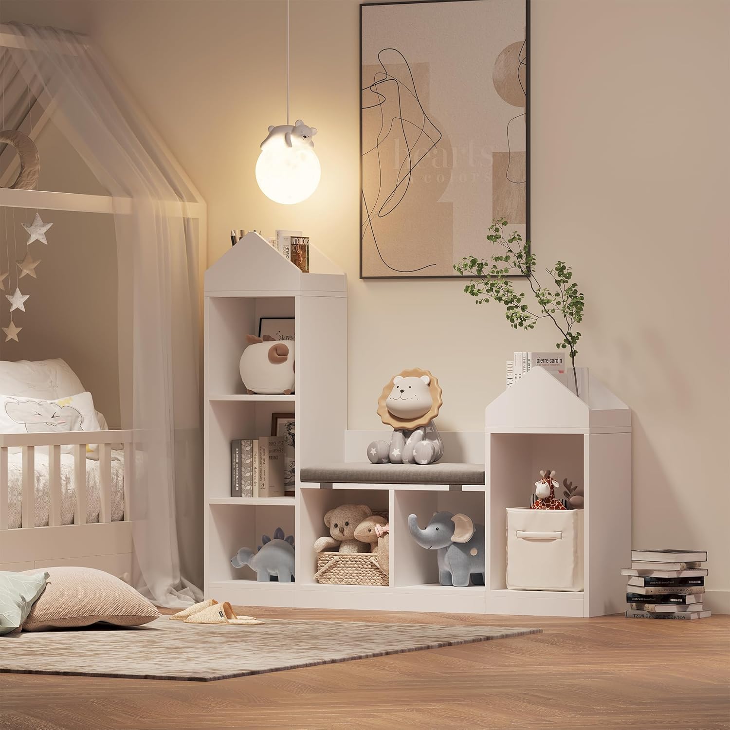 Bibliothèque Enfant avec Coussin, 6 Cubes Meuble de Rangement Jouet, avec Anti-basculement, Forme de Toit Unique, pour Jardins d'enfants, Aux Crèches et à la Maison, Blanc