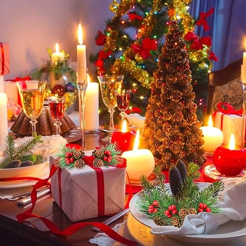 Miniatura 7 de Noverlife 25 piezas de mini púas artificiales de pino con bayas rojas y piñas naturales, ramitas de pino de hoja perenne de Navidad y bayas de