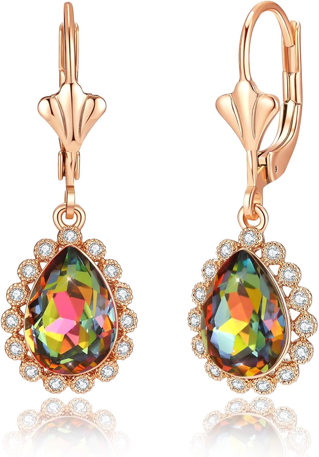 EVEVIC Austrian Crystal Teardrop Leverback Earrings for Women 14K Gold Plated Halo Dangle Drop Earring Jewelry Gifts