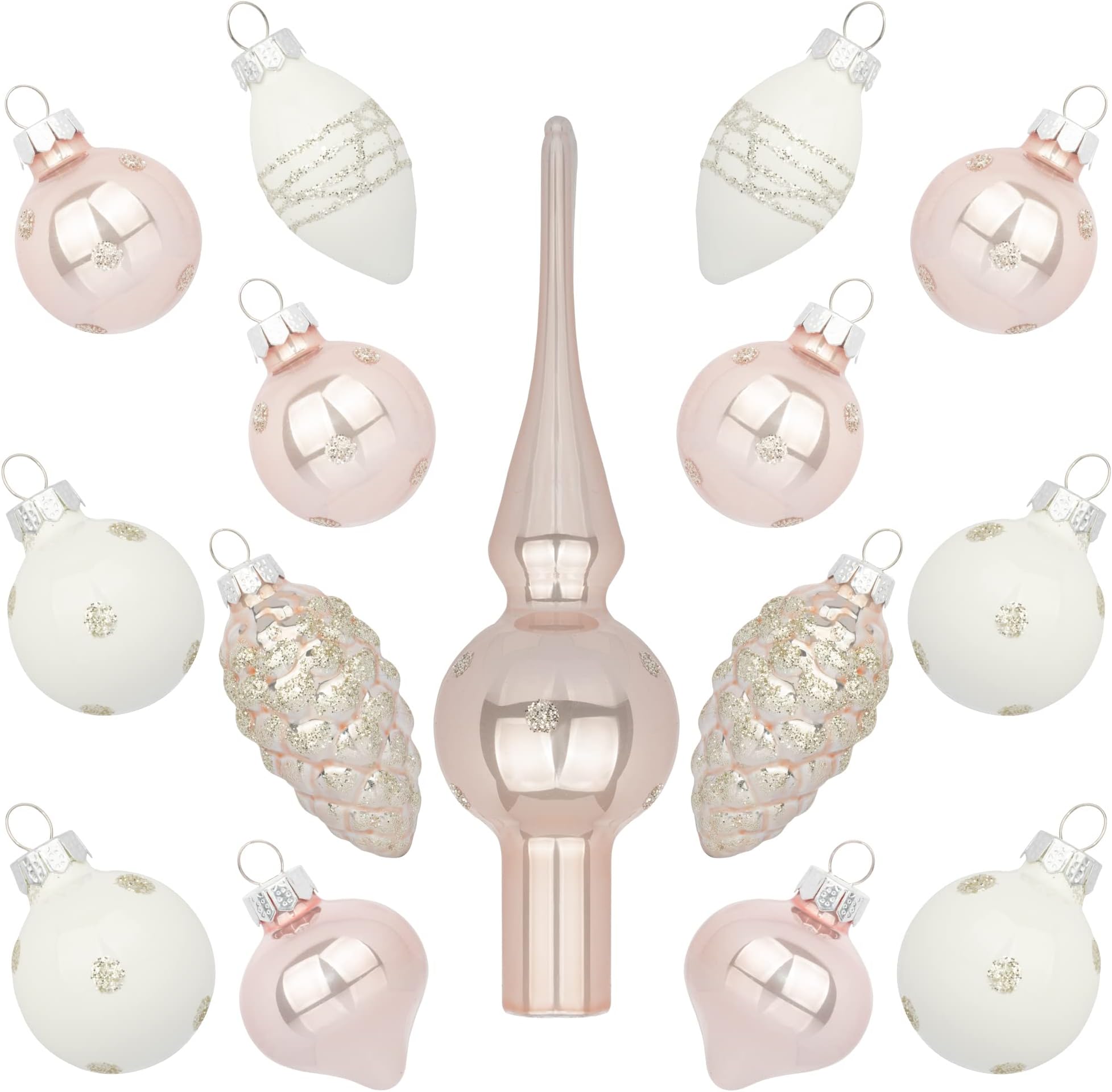 Miniature Ornaments and Toppers - White and Pink Christmas Mini Glass Tree Decorations Set of 15 for Tabletop, Desktop, Wedding Centerpiece