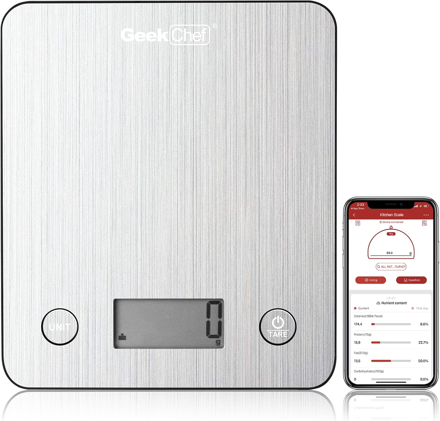 Geek Chef Smart Digital Scale with App, Scale for Food Weight, Weigh Food Nutrition Scale, Digital Kitchen Scales, Cooking Tool of Kitchen,1 lb/oz, 304 Stainless Steel