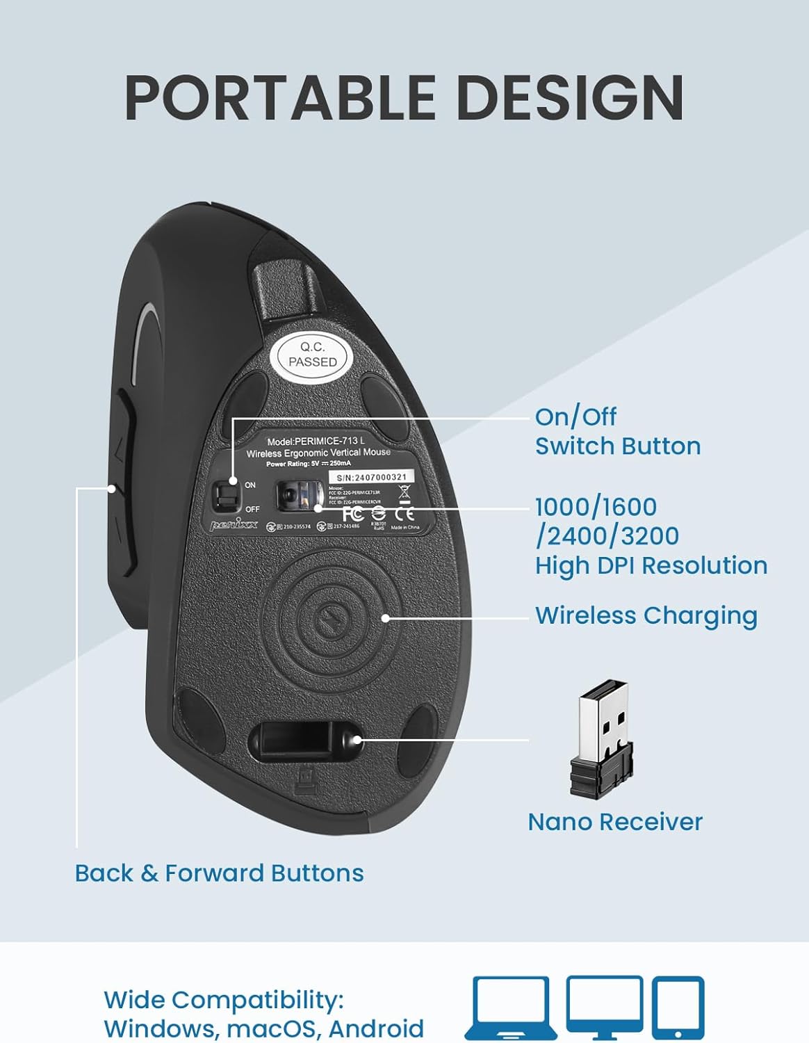 Perixx PERIMICE-713LR - Left Handed Cordless Rechargeable Vertical Mouse - Duo Wired and Wireless Charging Feature - 6 Buttons Design - Left Handed