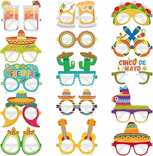 15 piezas de decoración de fiesta mexicana, anteojos de papel del Cinco de Mayo, lentes de papel, accesorios para cabina de fotos, accesorios para