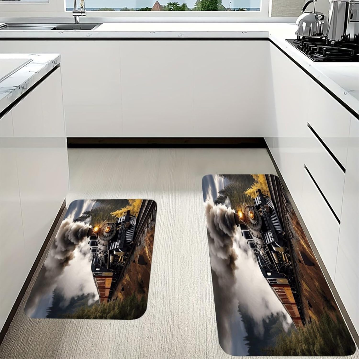 Steam Train Kitchen Mat Washable Non Slip Rugs Soft Kitchen Mats for Floor Set of 2 PCS Cushioned Absorbent Runner Standing Rugs for Home Sink Laundry Office