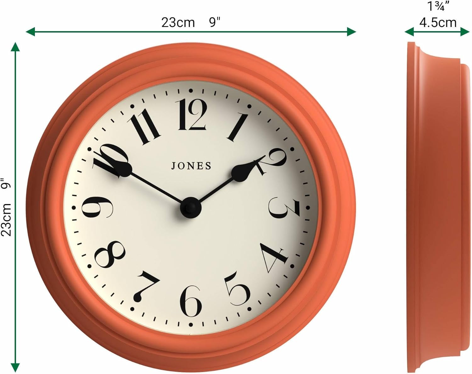 JONES CLOCKS® Frieze wall Clock | Small Elegant Classic Round Clock | 23cm | Terracotta Orange | Pretty Design Ideal for the Kitchen, Living Room, Bedroom, Large or Small Spaces