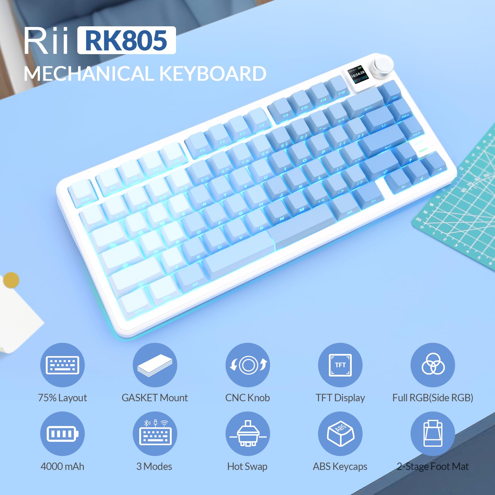 Rii Tastiera meccanica wireless da gioco con display TFT e manopola, tastiera cremosa sostituibile a caldo con retroilluminazione RGB, trimodalità BT/2.4G/USB-C, per Windows/Mac/Linux (blu)