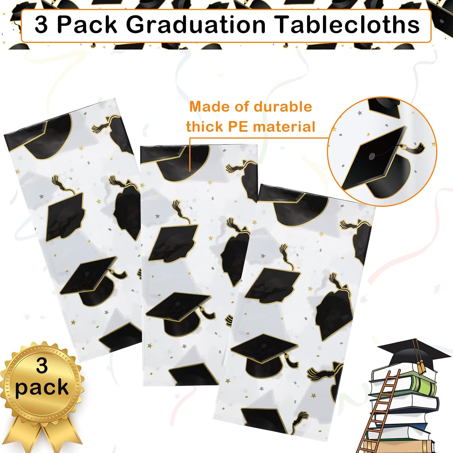 Tranqun 3 Pcs 2026 Graduation Party Tablecloth Graduation Cap Rectangle Plastic Disposable Table Cover Congratulate Decorations for Congrats Grad Party, 54 x 108 Inch(Black and White)