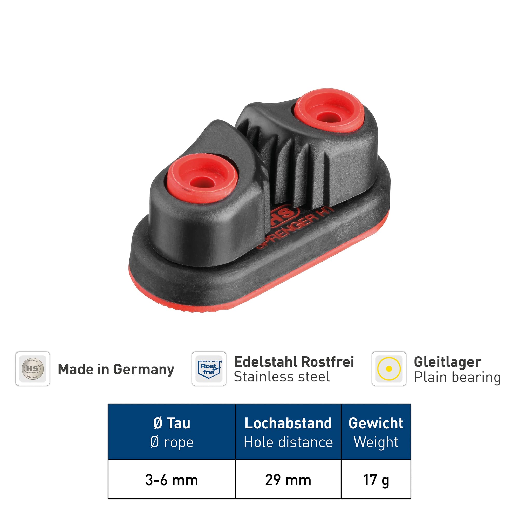Sprenger Schotklemme mit Gleitlager | aus hochwertigem UV-beständigem Camlan® und rostfreien Edelstahl Federn | für Tauwerk mit 3 – 6 mm Durchmesser