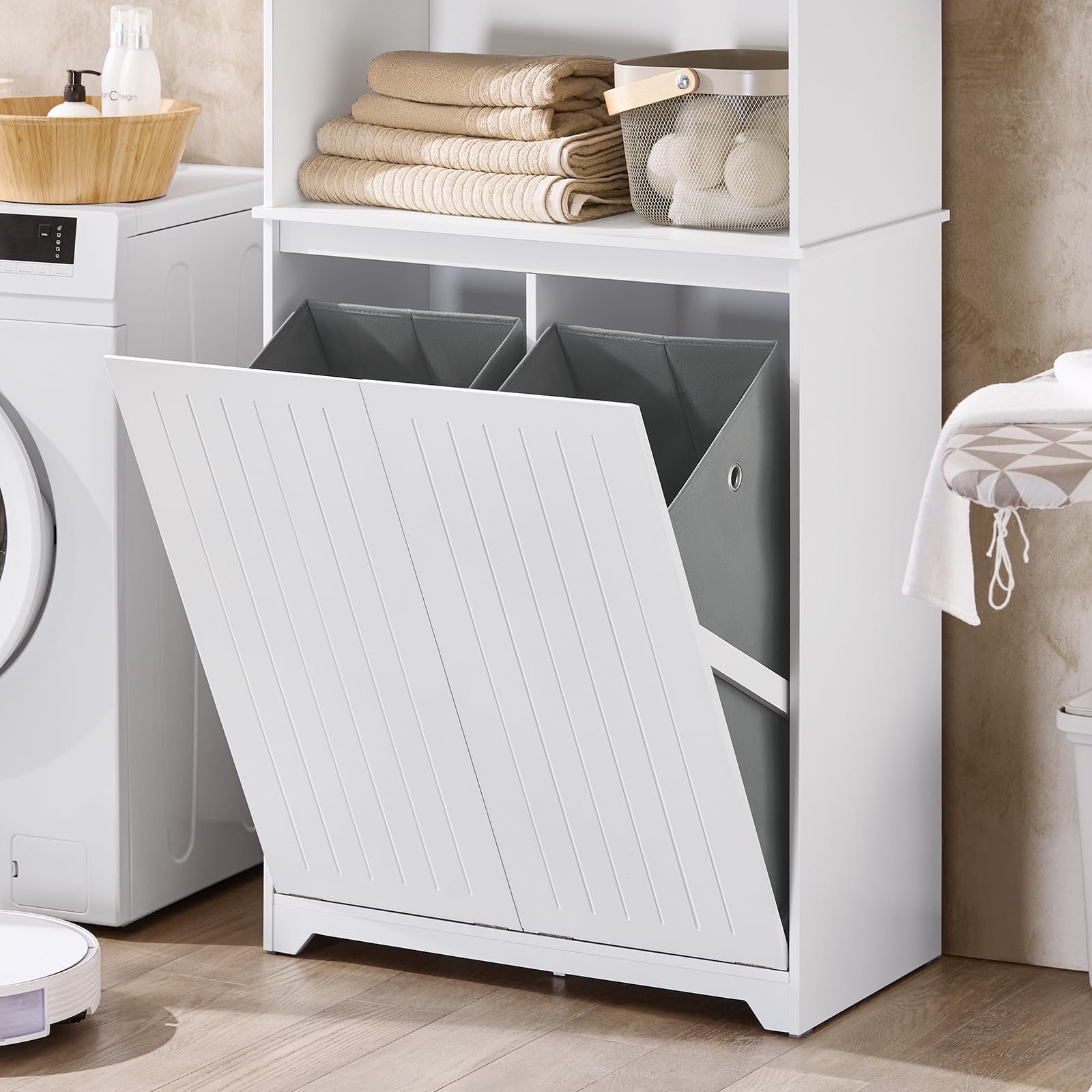 SoBuy Mueble Baño Estrecho con Cesto para Ropa Sucia 37x170x70 cm | Armario Lavadero Alto 170 cm Estrecho con 2 Puertas y Estante Abierto Columna Baño Blanca para Almacenaje Compacto BZR150-W
